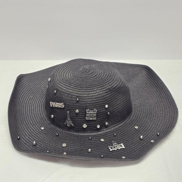 Karl Lagerfeld Black Straw Signature Pin Studs Paris Charm Embellished Sun Hat main image 4